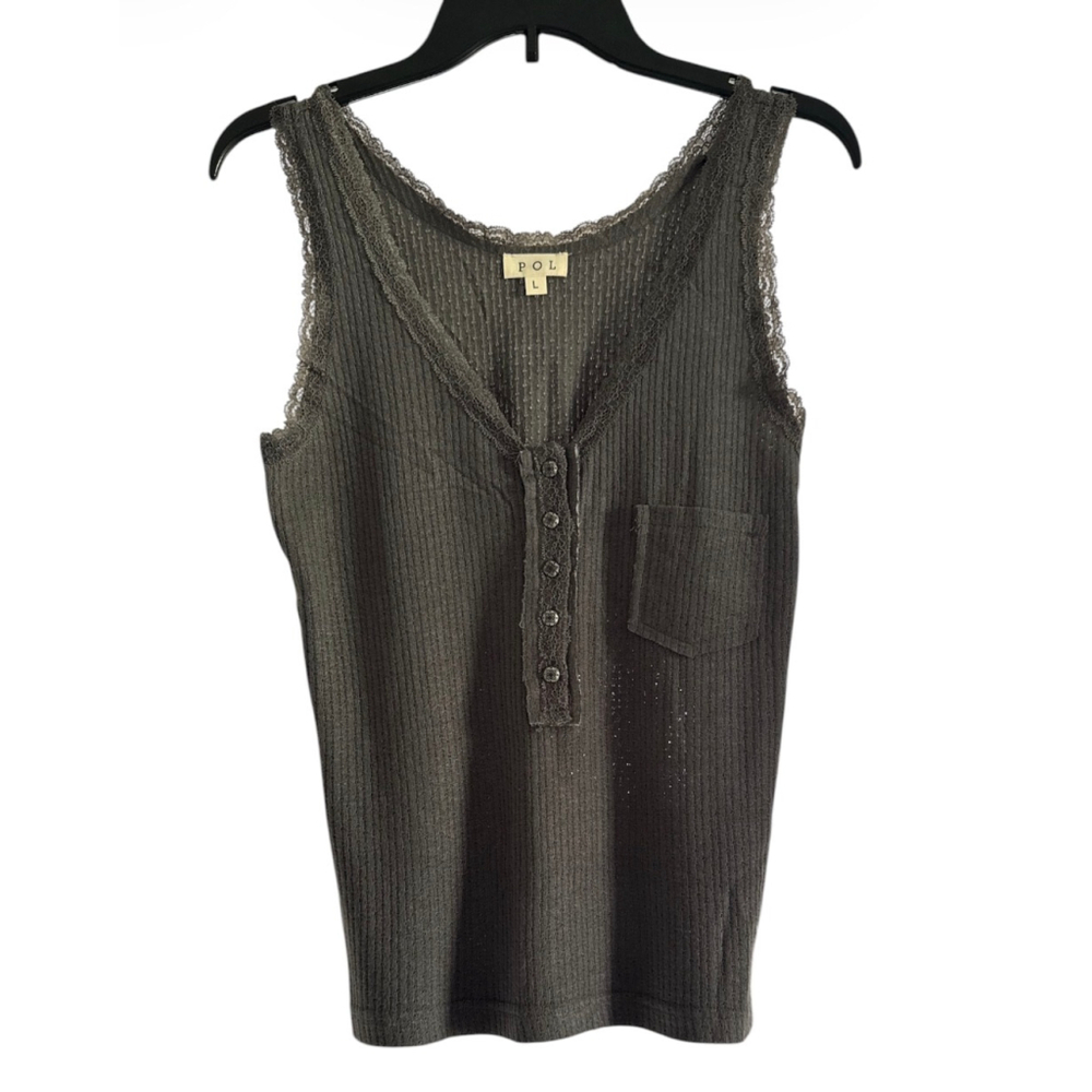 Women's New POL Gray Ribbed Lace Trim Henley Tank Top L - Picture 6 of 8